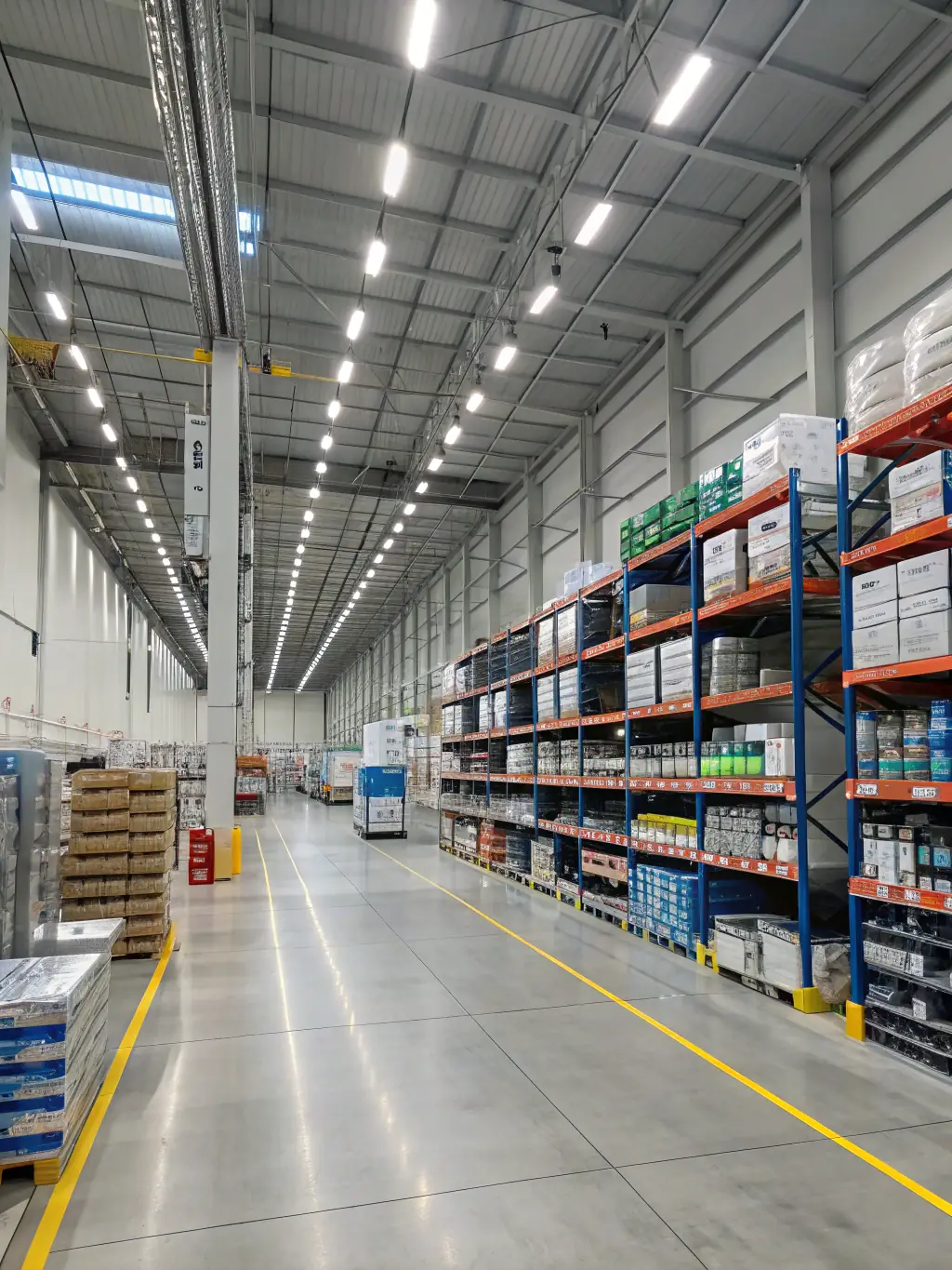 A bustling warehouse interior with organized pallets of consumer goods, forklifts in motion, and staff scanning inventory, representing efficient wholesale distribution operations.