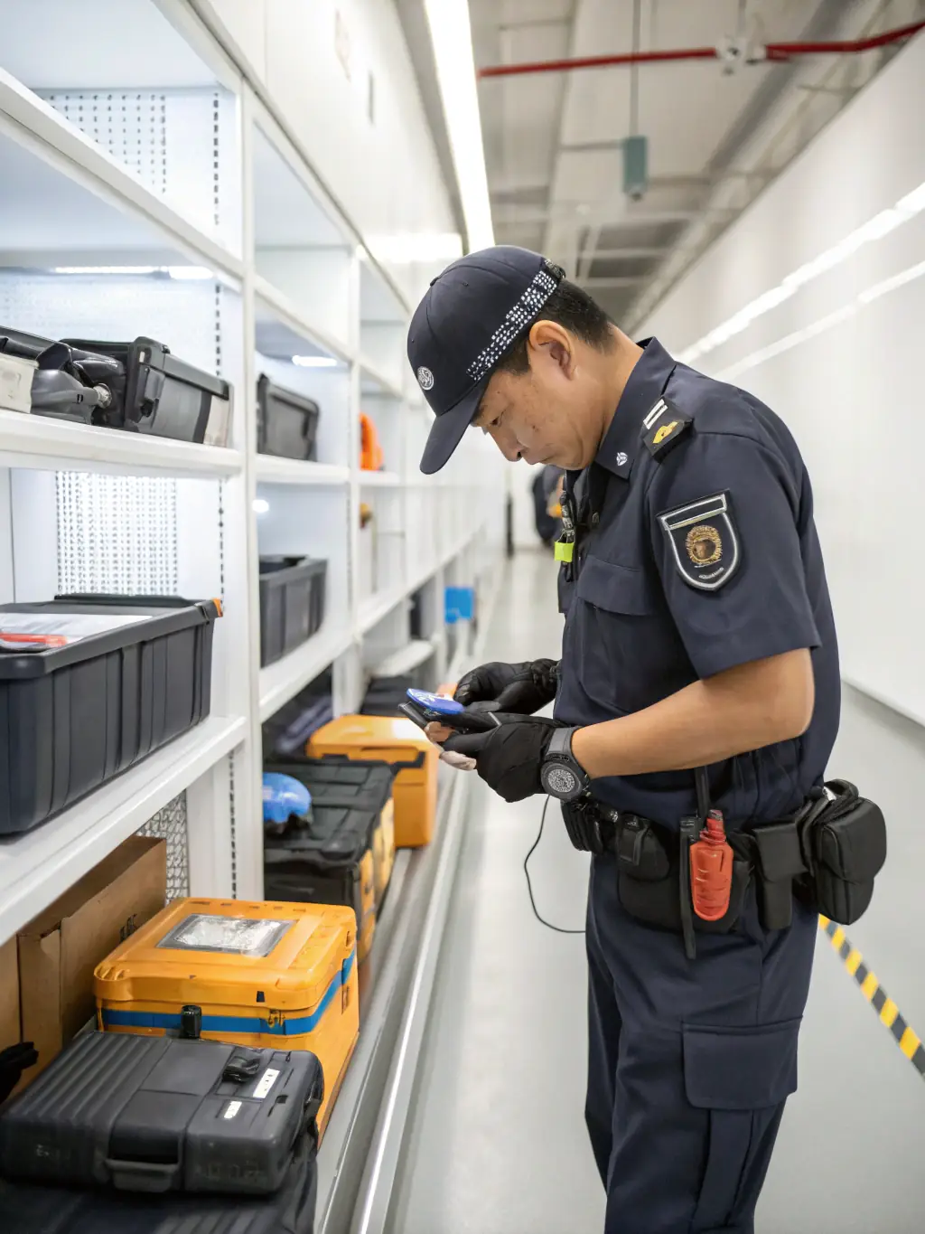 Customs specialist preparing documentation at a border checkpoint, surrounded by stacks of export paperwork and compliance checklists for industrial equipment.