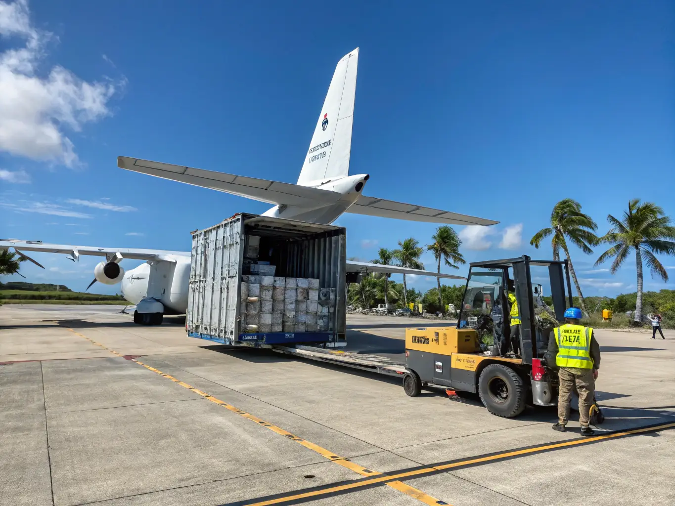 A candid image of export containers being loaded onto a cargo plane at Toronto Pearson Airport, with ground crew handling export paperwork and visible airline branding, emphasizing real export logistics.